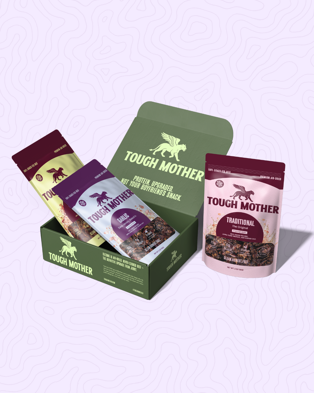 Tough Mother biltong variety pack with Traditional, Chili, Garlic and Smokey, air-dried grass-fed beef in 2 oz pouches.