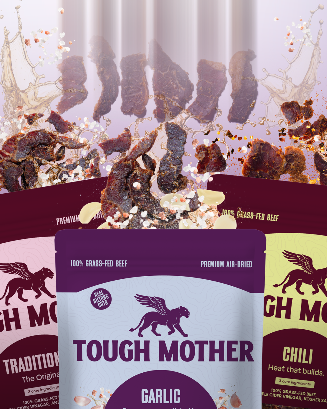 Tough Mother biltong variety pack with Traditional, Chili, Garlic and Smokey, air-dried grass-fed beef in 2 oz pouches.